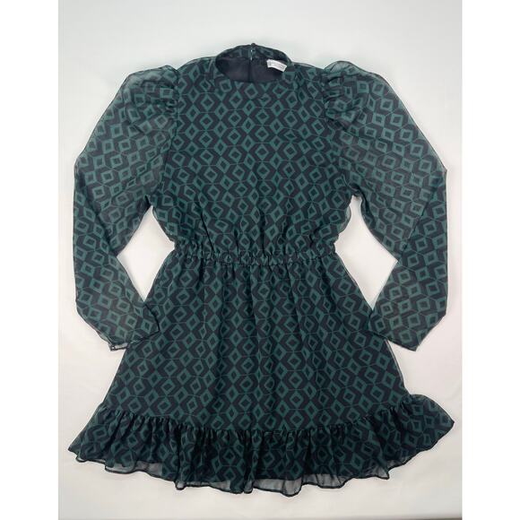 ZARA Long Sleeve Geo Print Mini Dress Green/Black Puff Shoulder Ruffle Hem Sz M - Picture 3 of 9